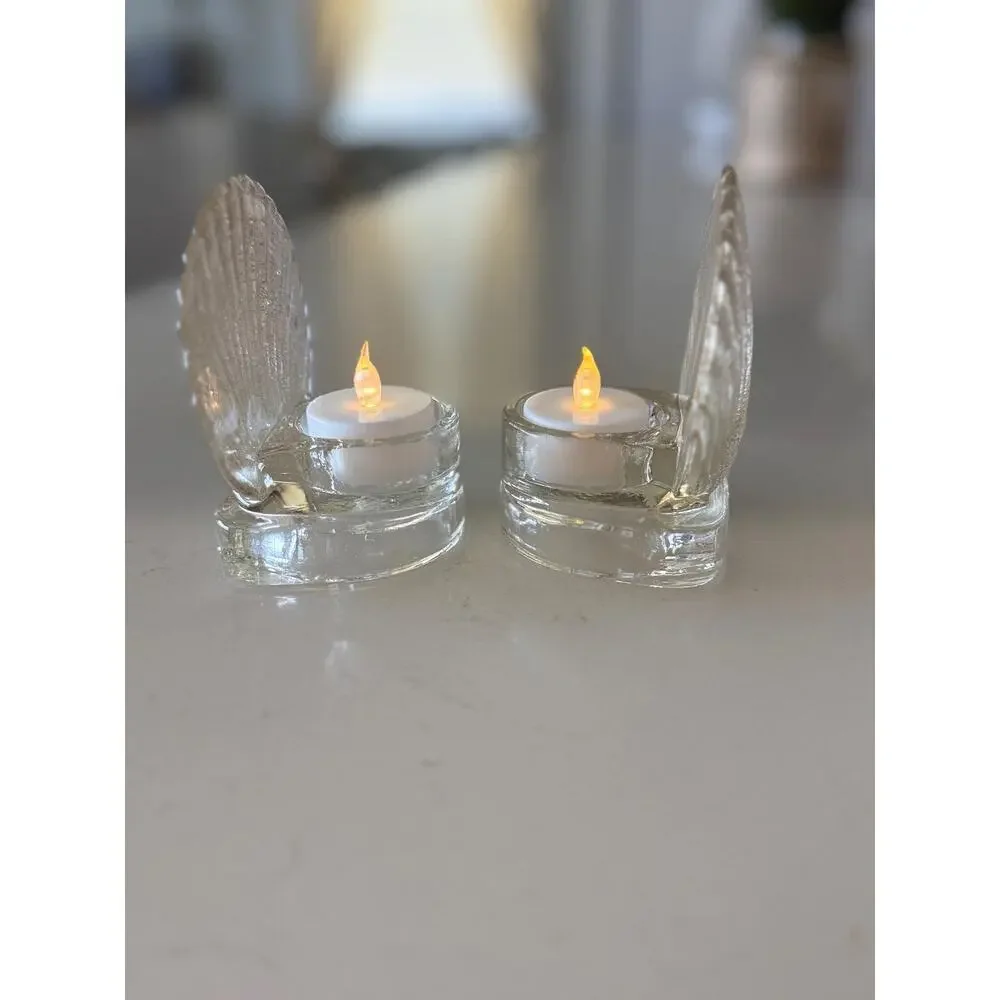 Vintage Clear Glass Scallop Shell Tealight Candle Holders Coastal Decor Pair